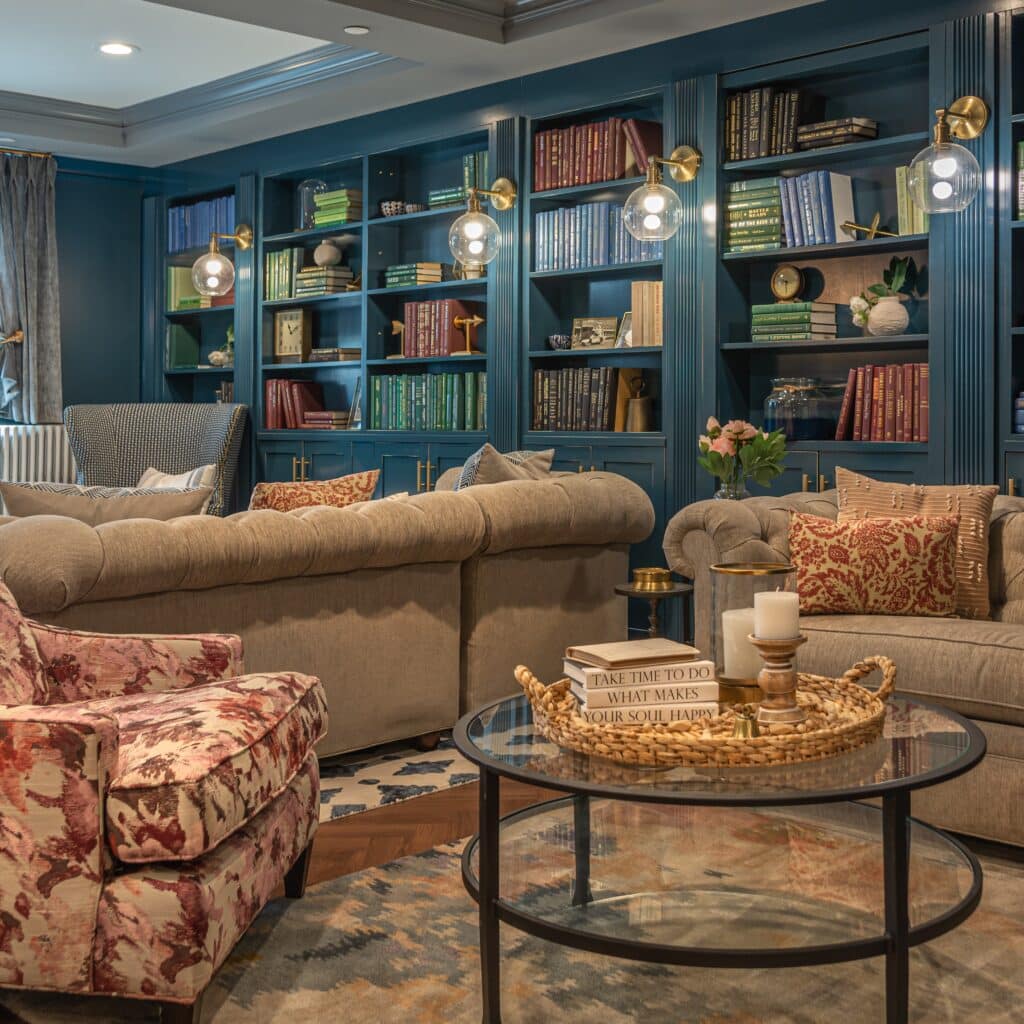 Custom built-in shelving at Pi Beta Phi house with a secret door