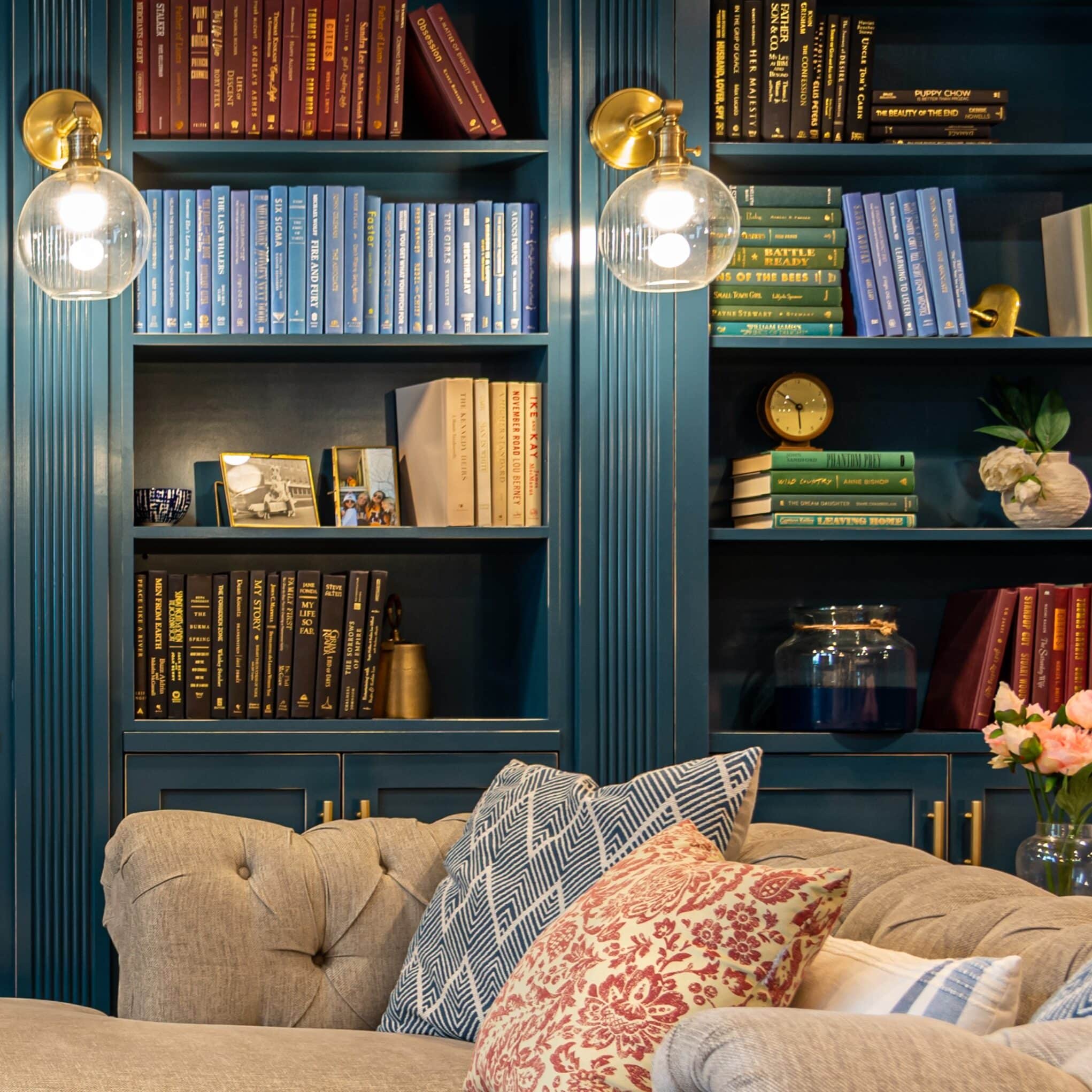 Custom built-in shelving at Pi Beta Phi house with a secret door