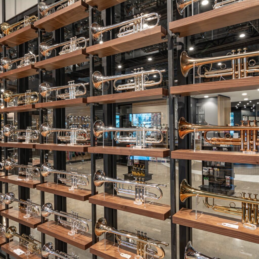 Close-up trumpet wall display at Schmitt Music