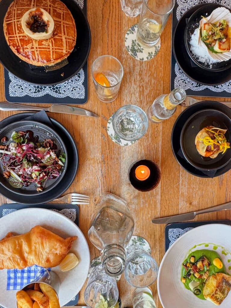 Table with food, fish and chips
